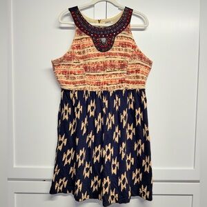 Lucky Brand Dress with Beaded Red and Navy Pattern